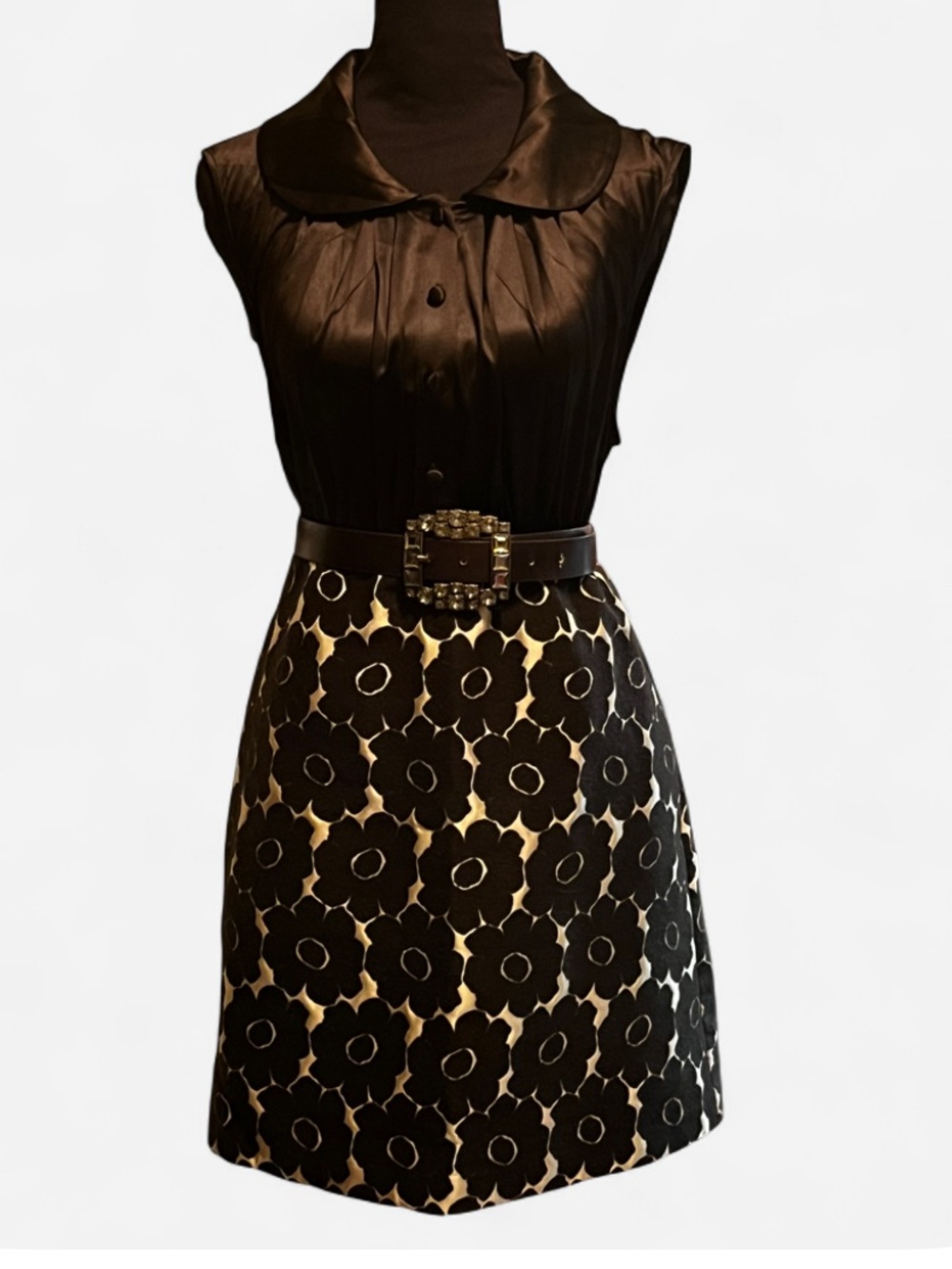 Alice + Olivia Brown Silk w Floral A-Line Bottom Dress